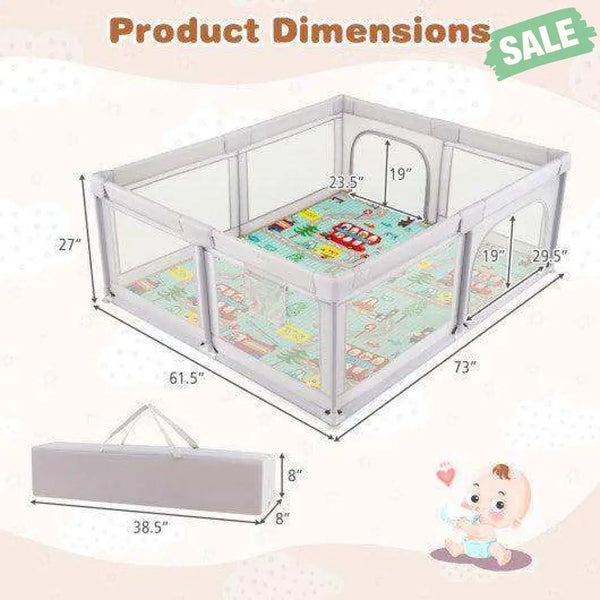 Baby Playpen with Mat and Breathable Mesh-Gray