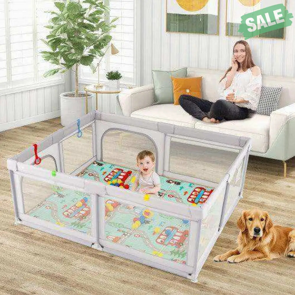 Baby Playpen with Mat and Breathable Mesh-Gray