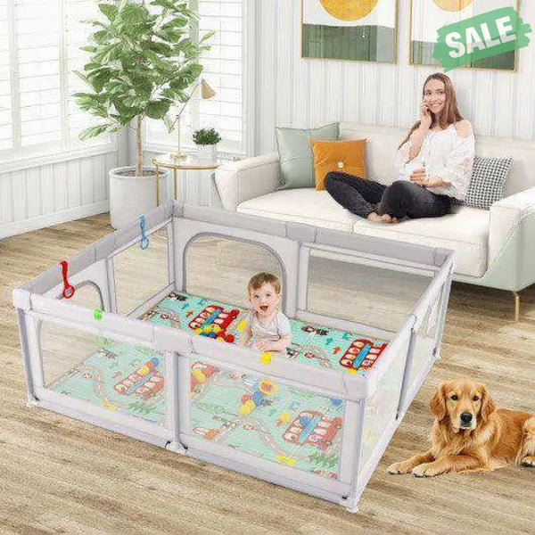 Baby Playpen with Mat and Breathable Mesh-Gray
