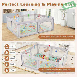 Baby Playpen with Mat and Breathable Mesh-Gray
