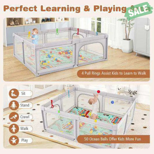 Baby Playpen with Mat and Breathable Mesh-Gray