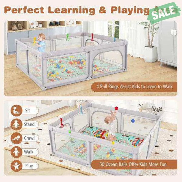Baby Playpen with Mat and Breathable Mesh-Gray