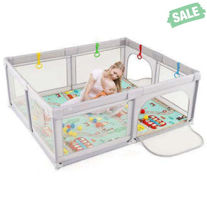 Baby Playpen with Mat and Breathable Mesh-Gray