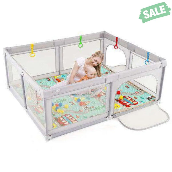 Baby Playpen with Mat and Breathable Mesh-Gray