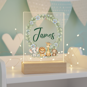 Personalized Baby Safari Night Light - Wooden Base