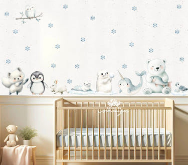 Arctic Animal Friends fabric nursery wall art decals for a charming baby room decor.