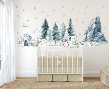 Arctic Animal Friends fabric nursery wall art decals for a charming baby room decor.