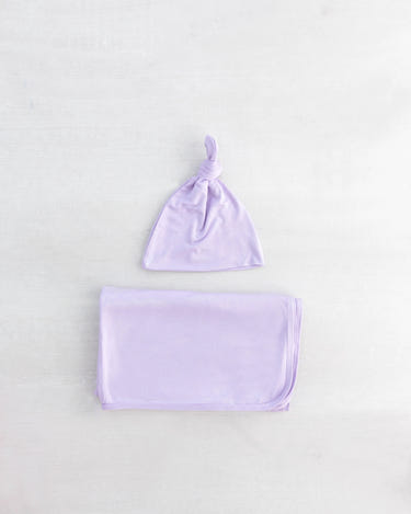 Baby Girl Swaddle Set - Newborn Blanket, Hat and Headband - Purple