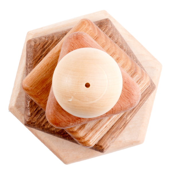 Wooden stacking toy in different shapes from 5 types of wood