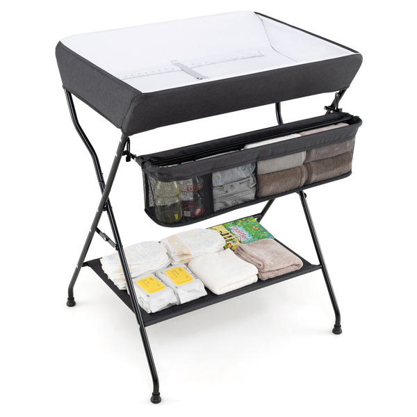 Folding diaper changing table for babies, featuring convenient storage and a compact design, viewed from angle 3.