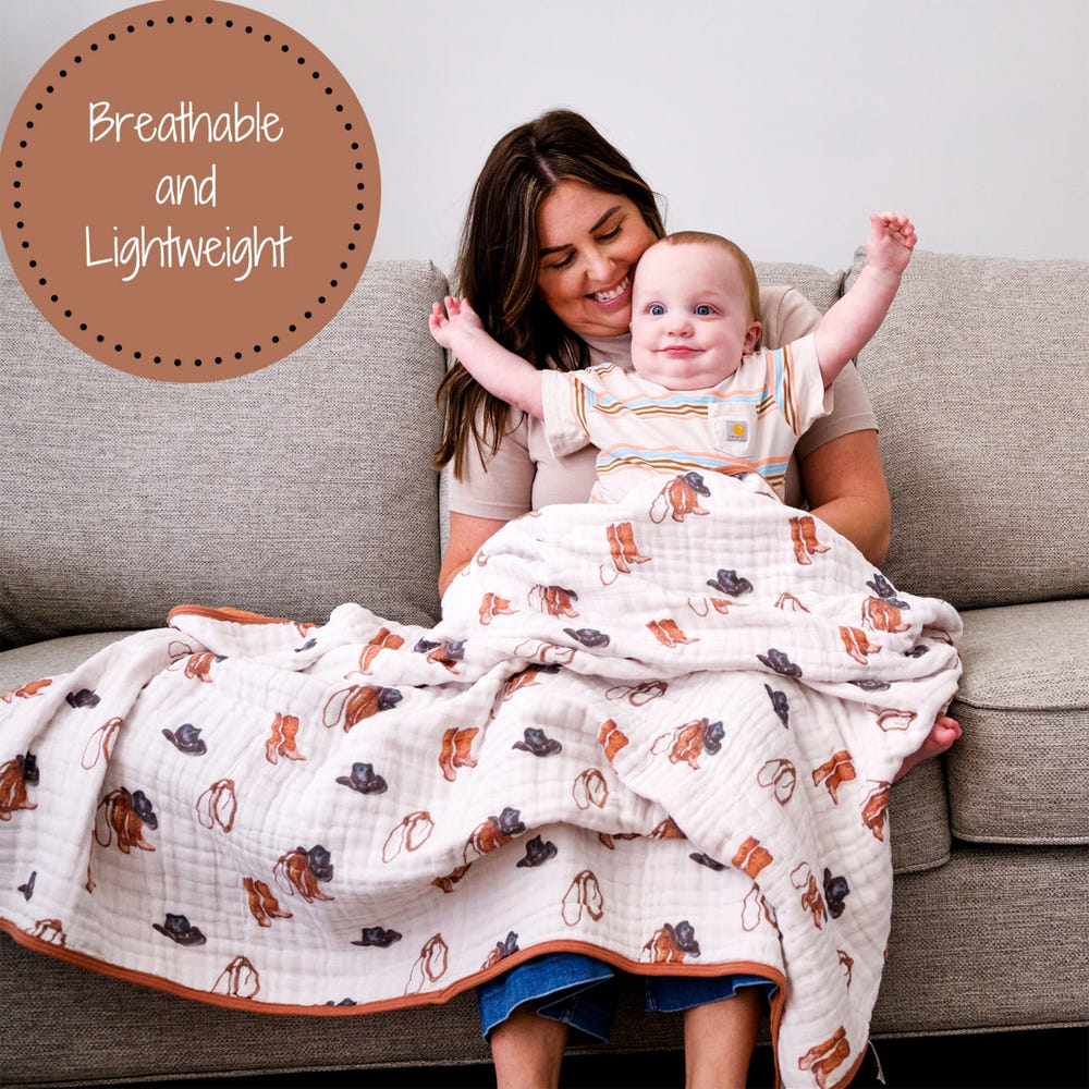 LollyBanks Cowboy Print Muslin Baby Blanket, 100% Cotton, 47"x47", Lightweight 6-Layer Newborn Quilt.
