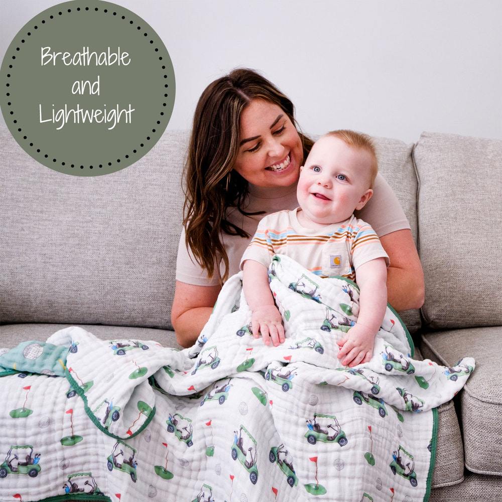 LollyBanks 100% Cotton Muslin Baby Blanket, 47"x47", Lightweight Newborn Quilt with Golf Print, 6 Layers.