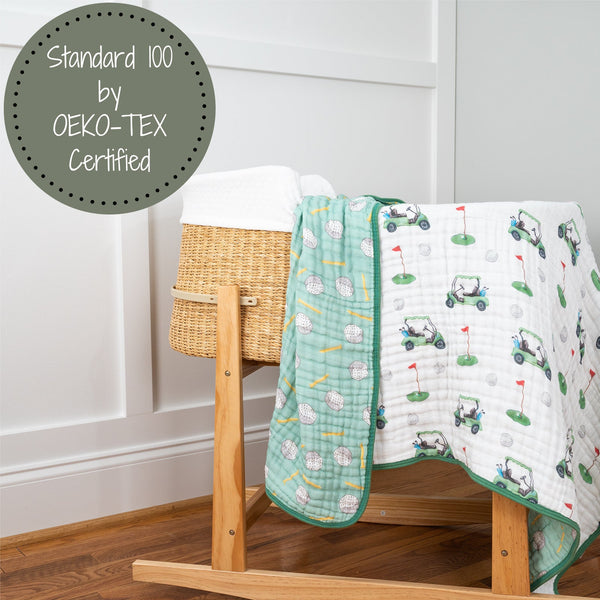 LollyBanks Muslin Baby Blanket, 100% Cotton Lightweight Baby Quilt, 47"x 47" and 6 Layers Newborn Blanket, (Golf Print)