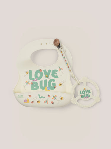 "Love Bug Bib and Teether Baby Bundle - Adorable and practical essentials for your little one."
