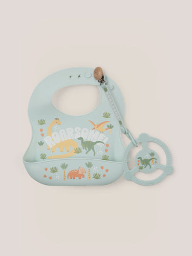 "Roarsome Bib and Teether Baby Bundle - Cute and practical essentials for your little one."