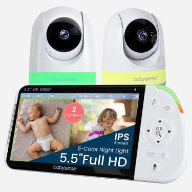 Babysense MaxView PRO Video Baby Monitor with 2 Cameras, Split Screen, Night Light & Sound Machine for infants.