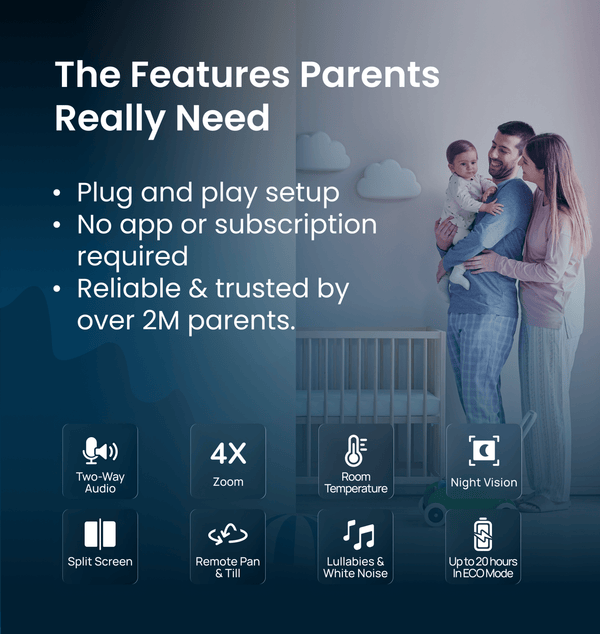 Babysense PRO | Non WiFi Video Baby Monitor with 2 Cameras, Split Screen, Night Light & Sound Machine
