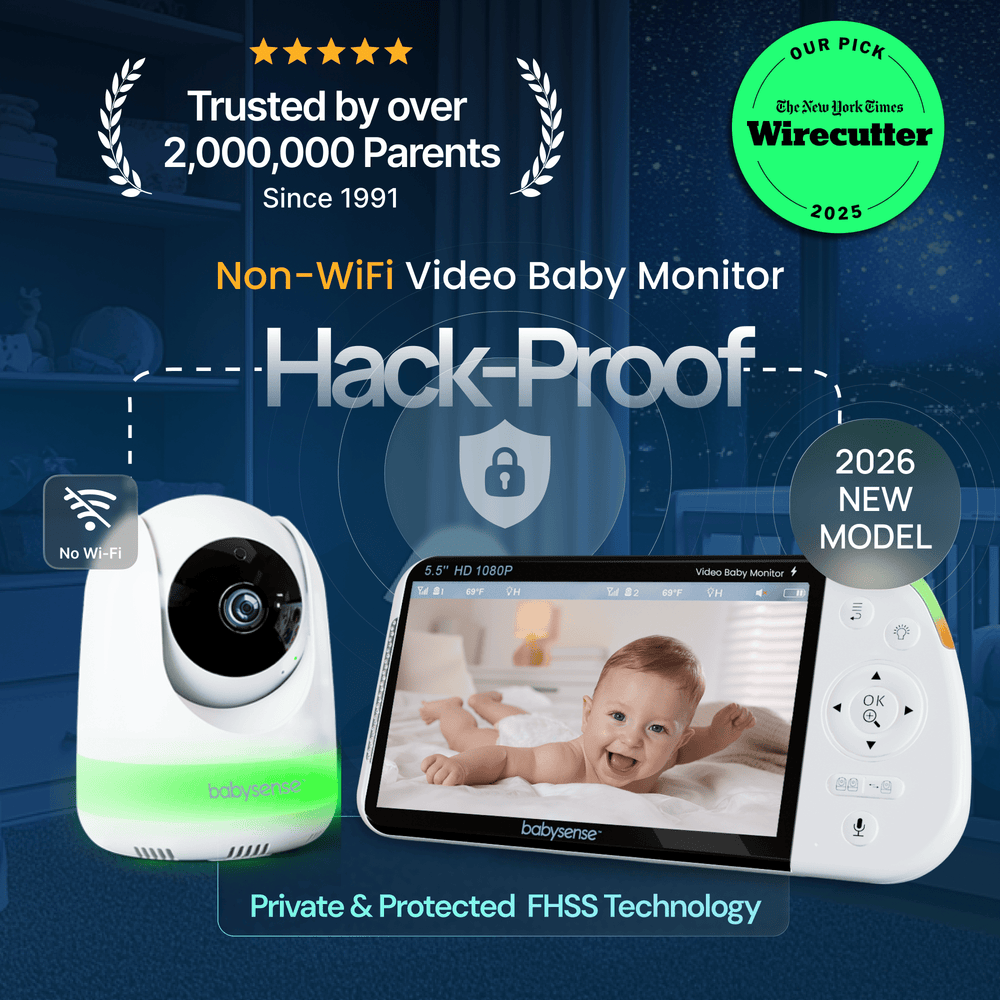 Babysense PRO | Non WiFi Video Baby Monitor with 2 Cameras, Split Screen, Night Light & Sound Machine