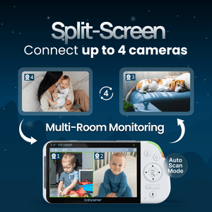 Babysense PRO | Non WiFi Video Baby Monitor with 2 Cameras, Split Screen, Night Light & Sound Machine