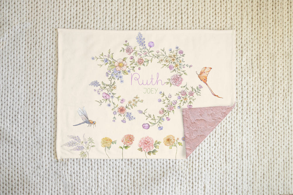Personalized Baby Blanket - Floral Minky Baby Blanket with Pastel Print & Cozy Soft Faux Fur
