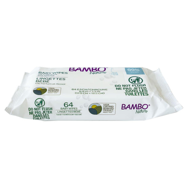 Bambo Nature Baby Wipes, 99% water, fragrance-free, alcohol-free, eco-friendly, gentle for baby's sensitive skin.