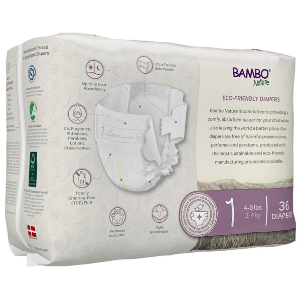 Bambo Nature Dream Eco-Friendly Baby Diapers Size 1, angle view showcasing soft, sustainable design for infants.