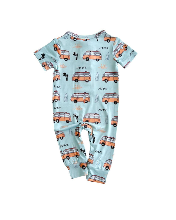 Bamboo jumpsuit for babies in Retro Beach design, shown at angle 7, perfect for stylish summer outings.