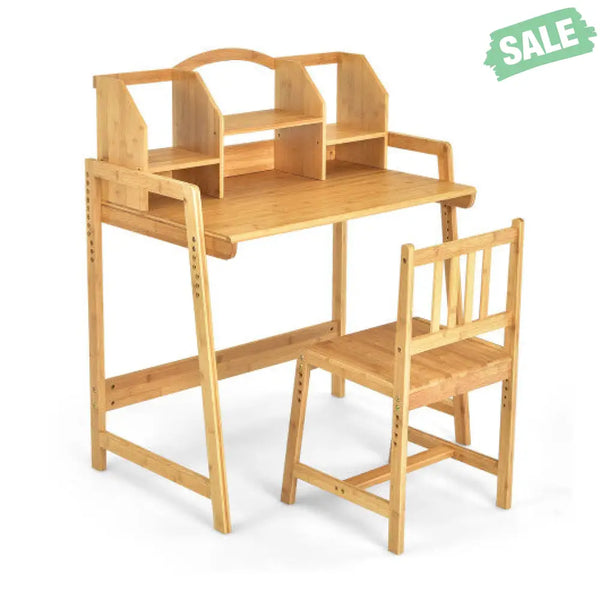 Bamboo Kids Study Desk and Chair Set with Bookshelf Kids Table & Chair Sets