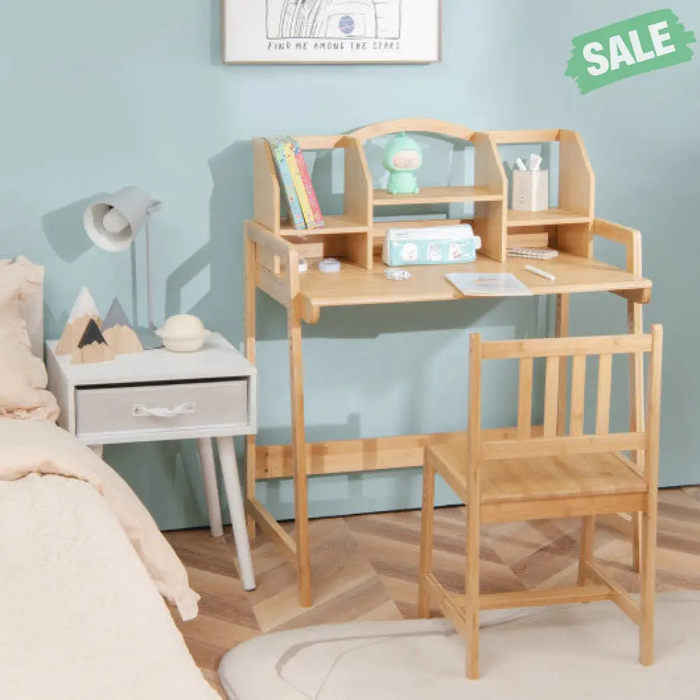 Bamboo Study Desk Chair Set Bookshelf Tilt Desktop