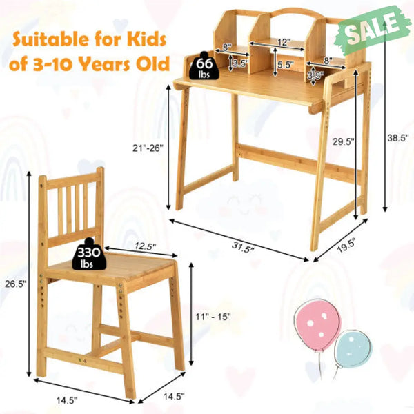 Bamboo Kids Study Desk and Chair Set with Bookshelf Kids Table & Chair Sets