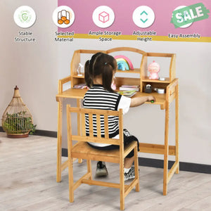 Bamboo Kids Study Desk and Chair Set with Bookshelf Kids Table & Chair Sets