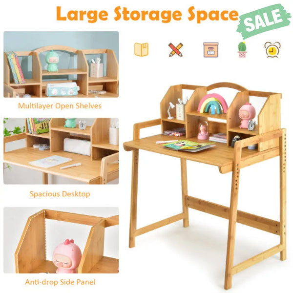 Bamboo Kids Study Desk and Chair Set with Bookshelf Kids Table & Chair Sets
