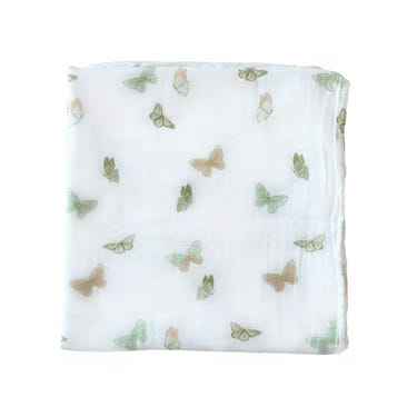 Bamboo muslin swaddle blanket with butterfly design for babies, soft and breathable for comfortable swaddling.