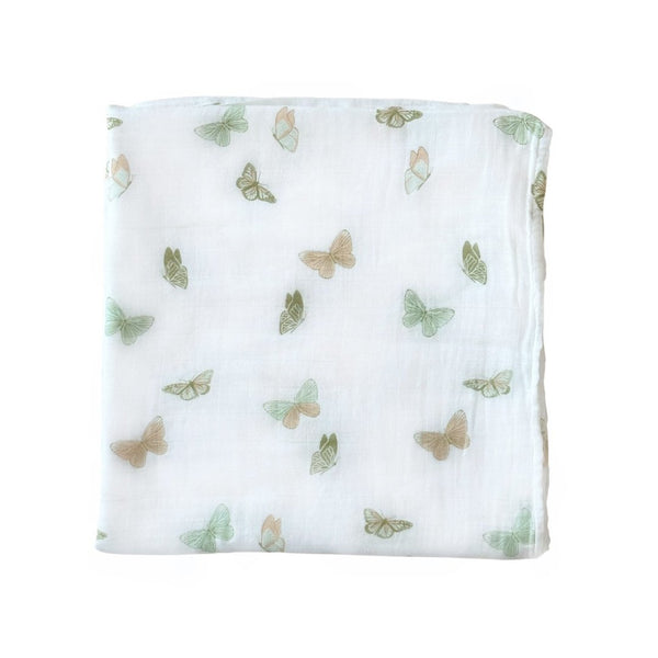 Bamboo muslin swaddle blanket with butterfly design for babies, soft and breathable for comfortable swaddling.