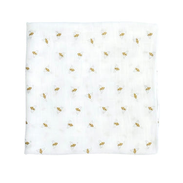 Bamboo muslin swaddle blanket in Busy Bees design, perfect for cozy and stylish baby wraps.