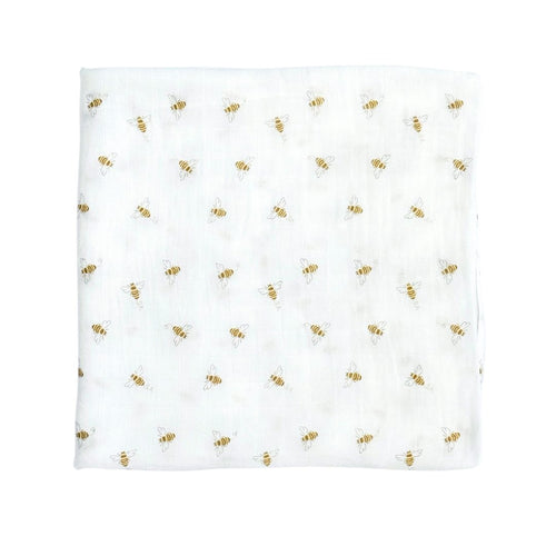 Bamboo muslin swaddle blanket in Busy Bees design, perfect for cozy and stylish baby wraps.