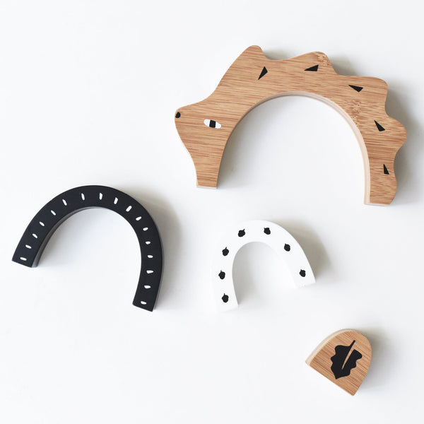 Bamboo Nesting Hedgehog wooden toy for babies, showcasing eco-friendly design and playful angles.