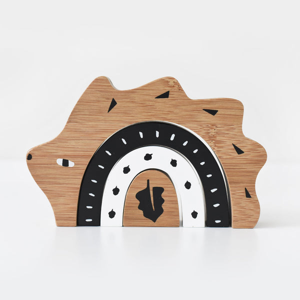 Bamboo Nesting Hedgehog wooden toy for babies, promoting sensory play and eco-friendly fun.