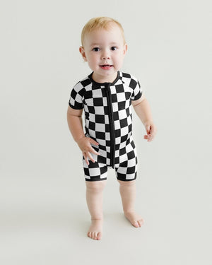 Bamboo Shorty Romper | Black Checkered