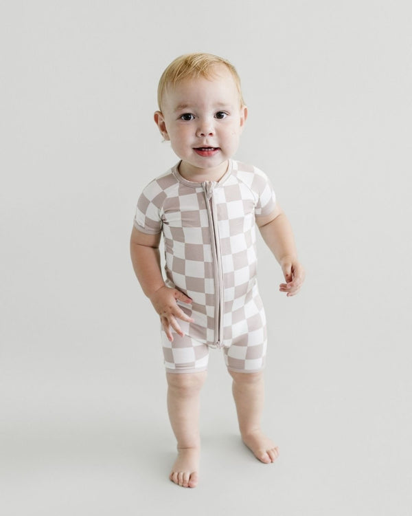 Bamboo Shorty Romper | Latte Checkered