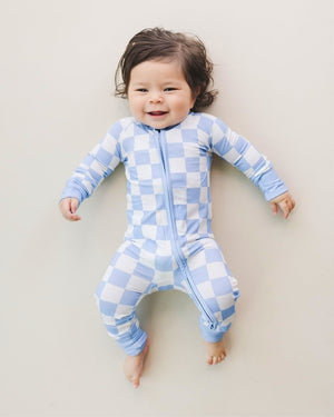 Bamboo Zip Romper | Blue Checkered