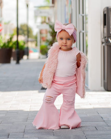 Barbie Pleated Denim Bell Bottoms in PowerPuff Distressed Pink for babies, stylish and trendy jeans for little ones.