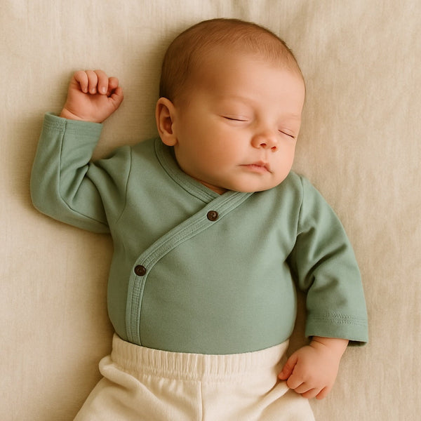 Basil Green short sleeve long bodysuit for babies, angle view showcasing soft fabric and stylish design.