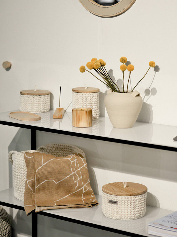 Round Storage Baskets w/ Wooden Lid Recycled