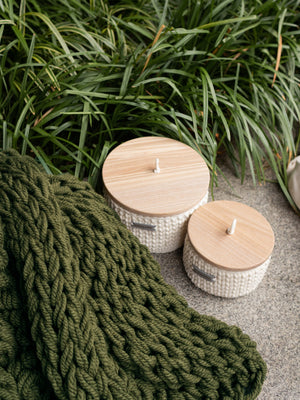 Round Storage Baskets w/ Wooden Lid Recycled