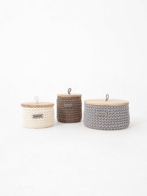 Round Storage Baskets w/ Wooden Lid Recycled