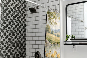 Ducklings Pond Farm shower curtain in a modern farmhouse bathroom with subway tile