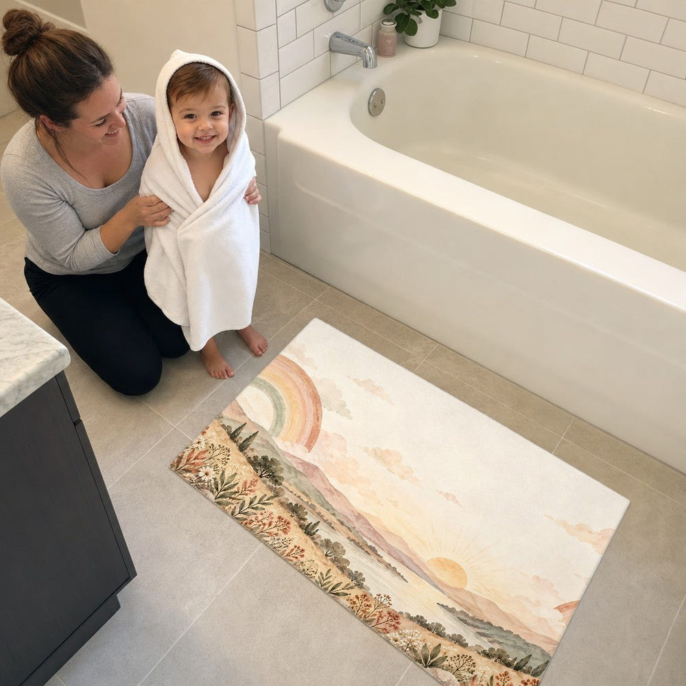 Twin Rainbow Valley kids bath mat, full view of the printed design