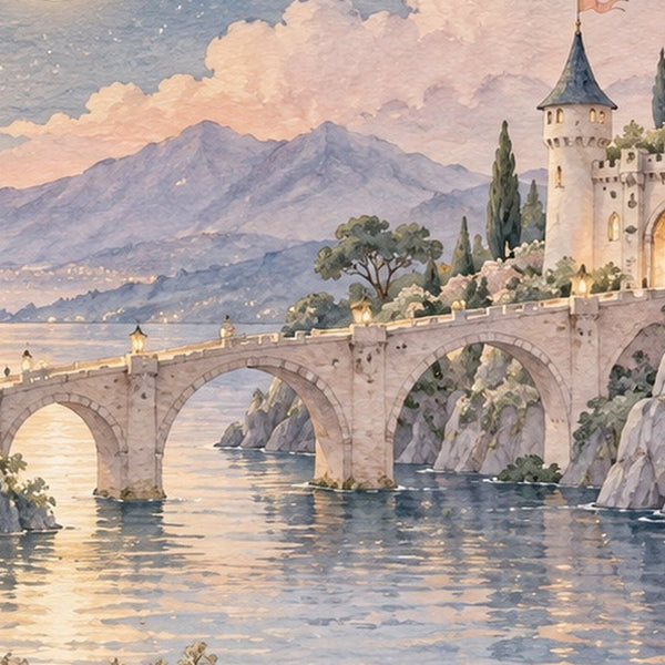 Moonlit Castle Fairy Tale shower curtain, close up of the watercolor artwork