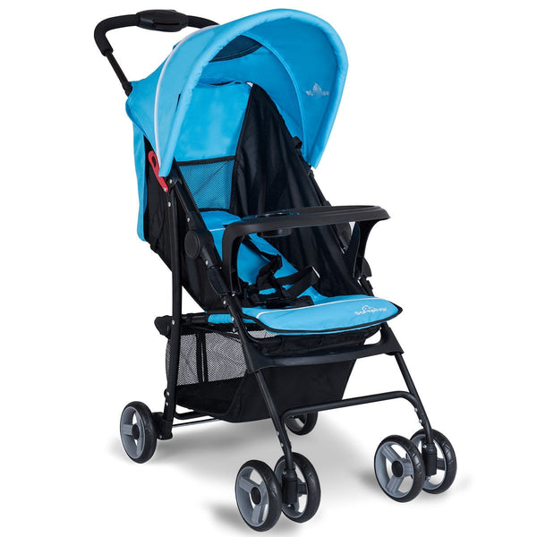 Toddler travel stroller for airplane with canopy and adjustable backrest, angled view showcasing design and features.